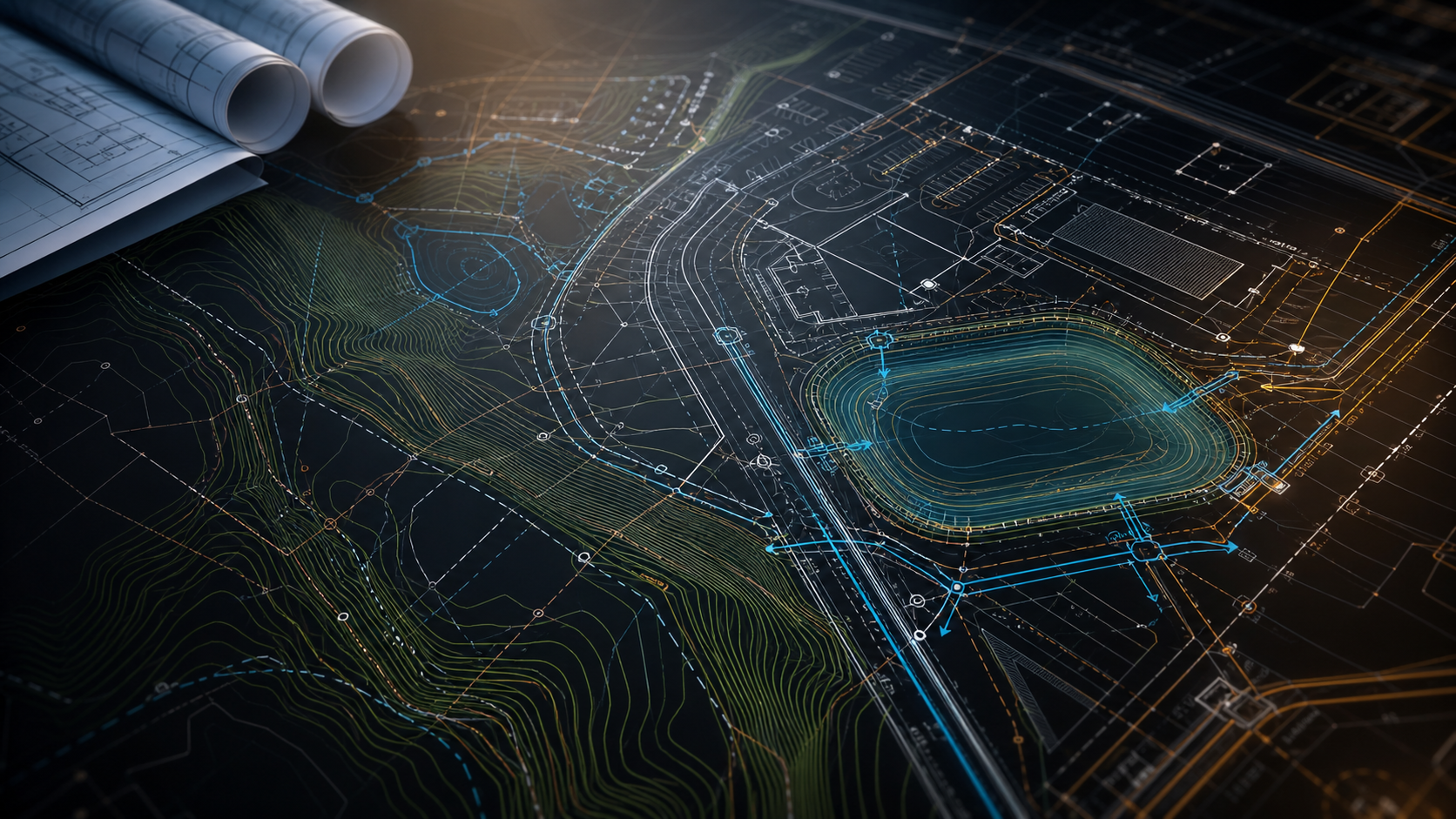 Digital civil engineering CAD plan with contours, stormwater routing, site geometry, and drainage basin design